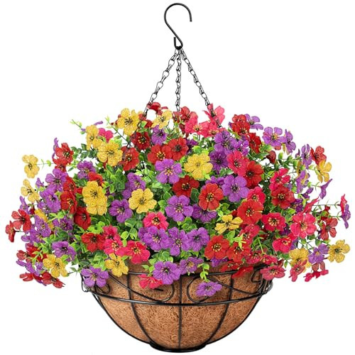 Besteek Artificial Fake Hanging Flowers Plants Basket Outdoors, Faux Silk UV Resistant Look Real Daisy Eucalyptus for Spring Summer Garden Porch Home Patio Balcony Yard Decorations, Multicolor | Amazon (US)