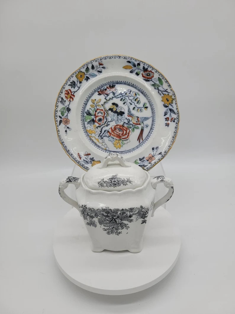Antique Ashworth Chinoiserie Plate or Venice Black Transfer Lidded Sugar Bowl | Etsy (US)