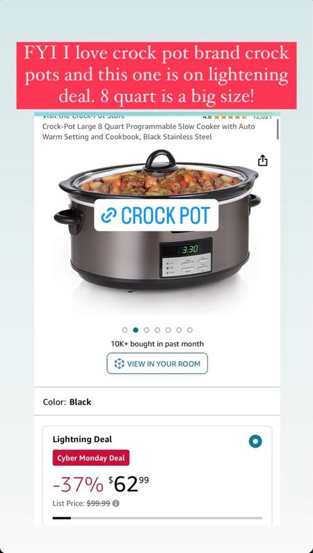 Crock pot is on sale from Cyber Monday on Amazon! 8 quarts is a big size and I love Crock Pot’s brand of Brock pots 

#LTKfindsunder100 #LTKhome #LTKCyberWeek