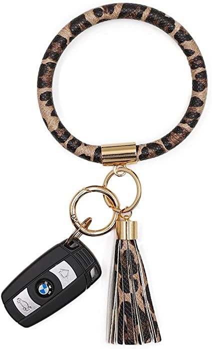 Mwfus Upgrade Round Key Ring Bracelet Leather Wristlet Keychain, Large Circle Bangle Keyring Tass... | Amazon (US)