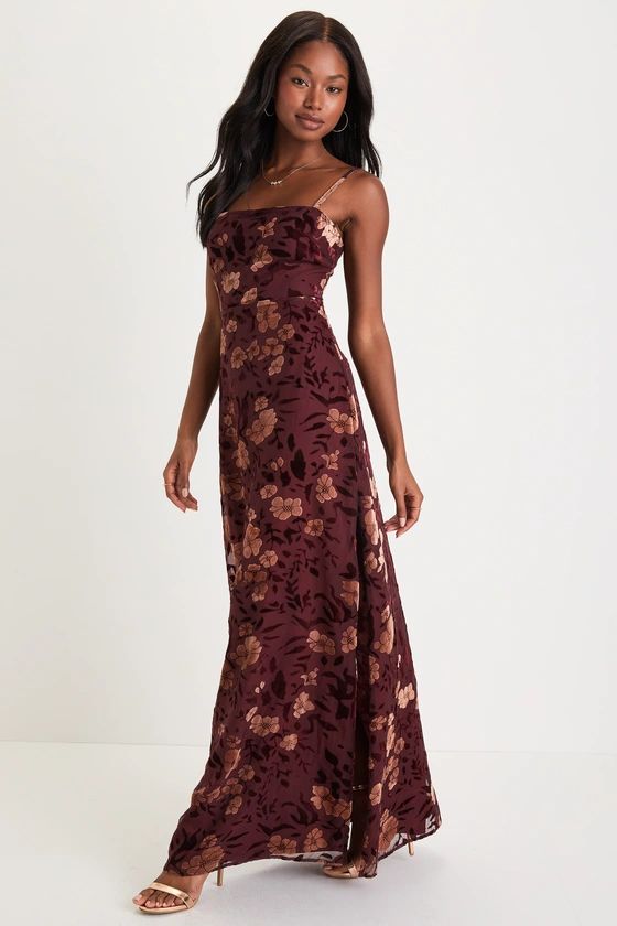 Effortless Celebration Burgundy Floral Burnout A-Line Maxi Dress | Lulus (US)