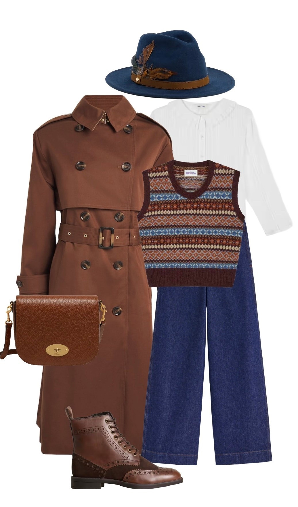 One of my favourite Autumn palettes, chestnut 🌰 brown looks tremendous with a cobalt / French blue and this wool fair isle tank from Brora brings the whole look together. 

Style with Brora’s pretty and feminine frill collar white cotton blouse to soften things up, the Boden wide leg jeans, Barbour Aoife brown trench coat, Mulberry crossbody bag, and White Stuff brown brogue ankle boots currently on a promotion! Finish with a Fedora hat and you’ll be the ultimate autumn fashionista this season 🍂 

I’ve also added more styles to mix and match with. This outfit will suit both work and play 🍁 

#LTKautumn #LTKeurope #LTKuk