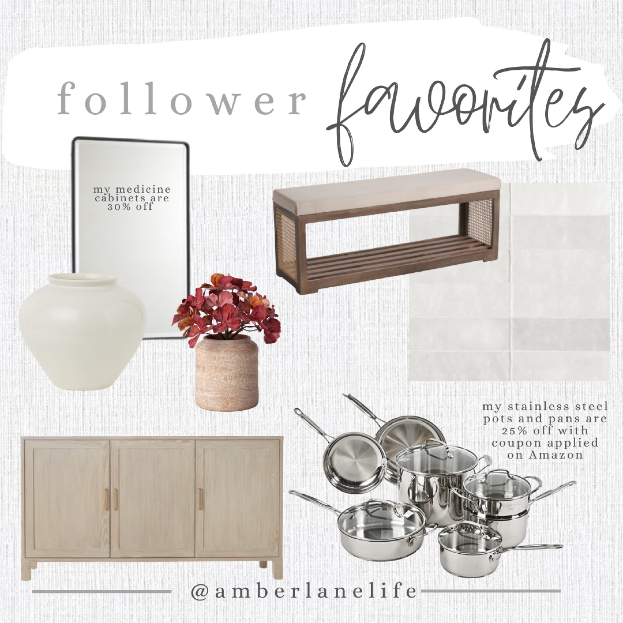 Follower favorites. Recessed medicine cabinet. Rattan bench. Stainless steel pots and pans. Cuisinart. Sideboard cabinet. Large vase. Faux fall flowers. Subway tile.

#LTKhome #LTKsalealert