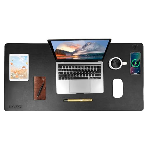 Wireless Charging Mouse Pad with for Desktop Charging Large Desk Mat 32x16 Waterproof Black Leather Computer Mat Mousepad Non-Slip Protector on Top of Desks for Keyboard and Mouse (Black-R) | Amazon (US)