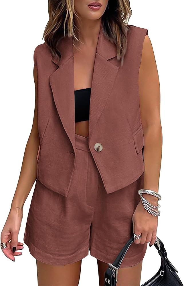 KIRUNDO Womens Summer Two Piece Sets Button Sleeveless Crop Vest Blazer and High Waisted Shorts S... | Amazon (US)
