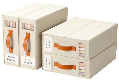 Yecaye Bed Sheet Organizers and Storage, 4 Pack Sheet Organizer for Linen Closet, Bedding Sheets Set Organizer (Queen & King Size) with Window for Bedsheets,Duvet Covers and Pillow, Beige | Amazon (US)