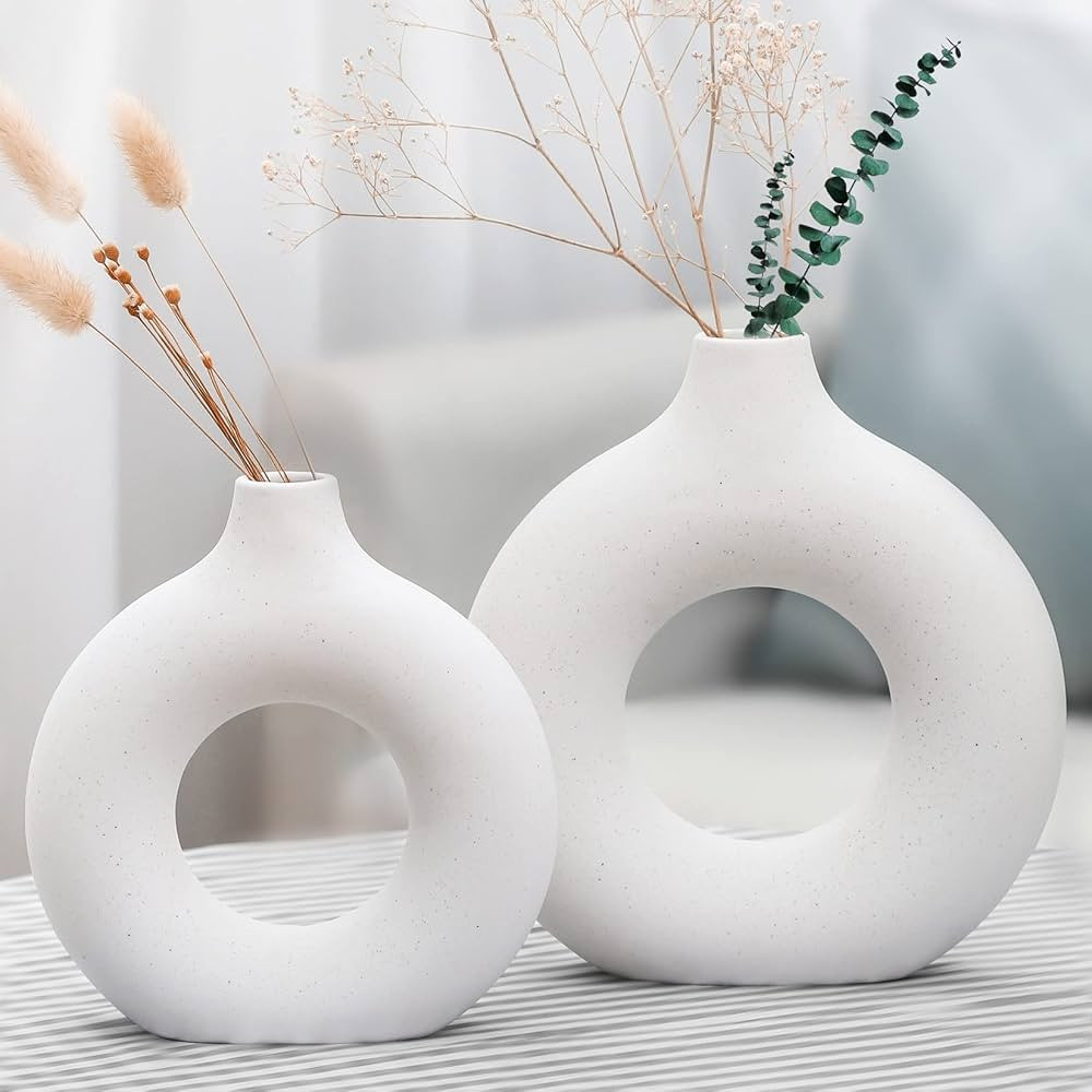 Chelity Ceramic Hollow Donut Vase Set of 2, Off White Vases for Decor Nordic Minimalism Style Dec... | Amazon (US)