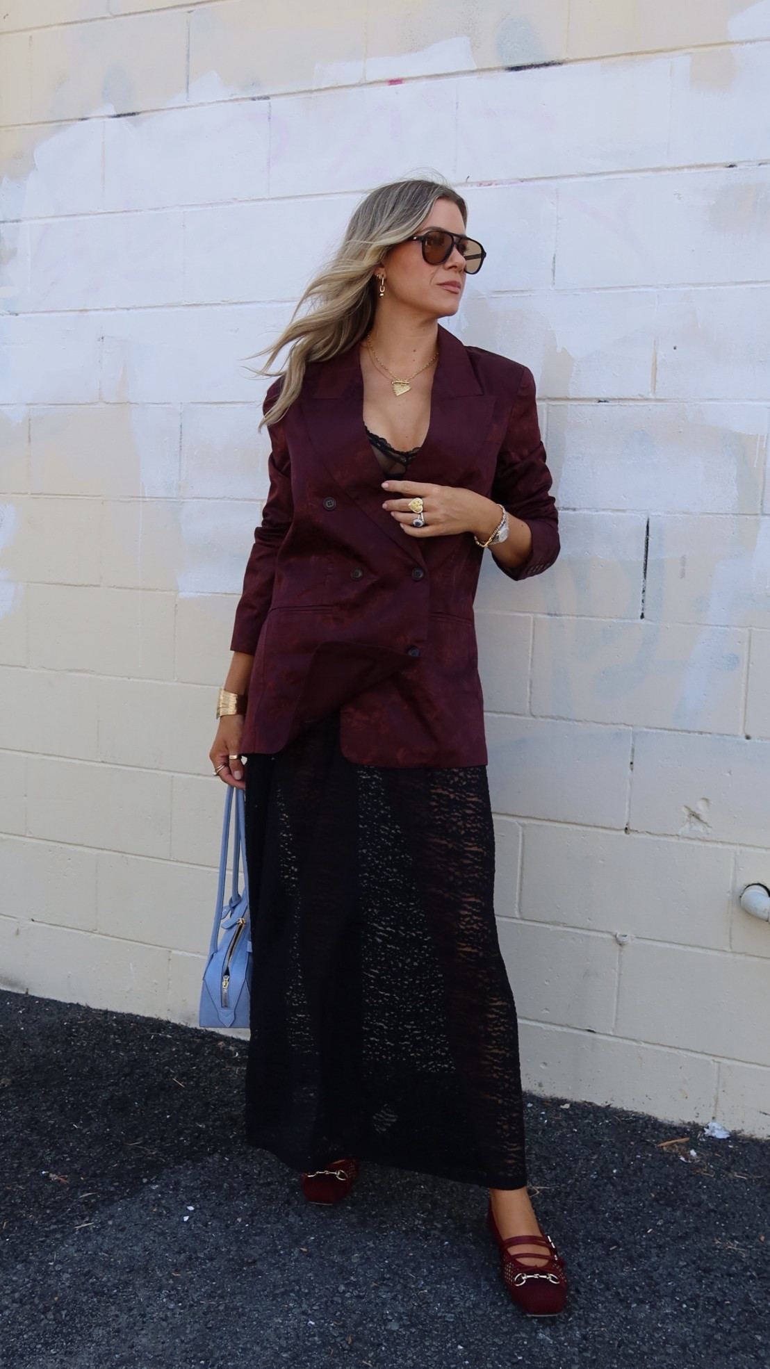 Dinner catch ups

Wine blazer and black lace skirt size 10 Vrg Grl
Bag Alaia
Ballet shoes size 40.5 Gucci
Sunnies Le Specs