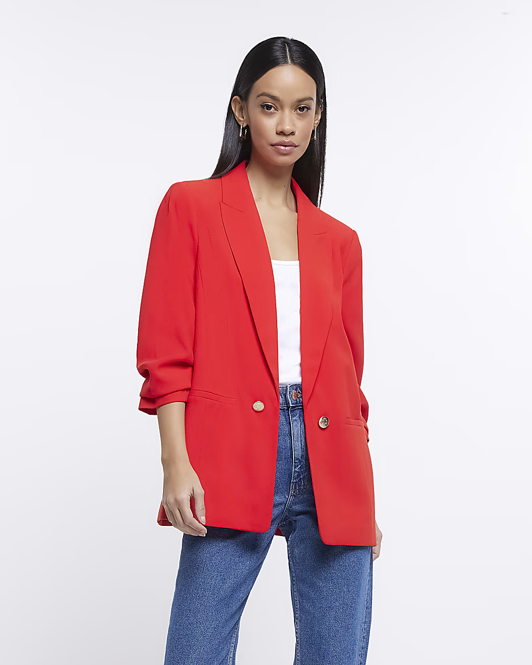 Red ruched sleeve blazer | River Island (US)