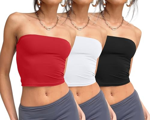 Trendy Queen Womens 3 Pack Summer Tube Tops Crop Going Out Strapless Basic Backless Bandeau Bustier Beach Outfits Black White Red M | Amazon (US)