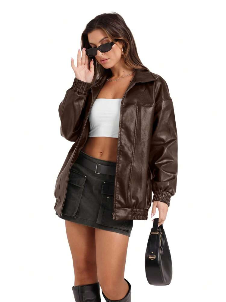 Leather Jacket Women Faux Oversized Motorcycle Bomber Coats Fall Fashion Outfits Winter Clothes | SHEIN