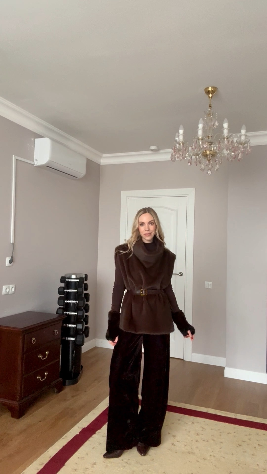 Chocolate brown monochrome outfit, cozy holiday outfit, faux fur dickey vest, velvet pants, fingerless fur gloves, chocolate brown kitten heel boots (on sale now)

#LTKHoliday #LTKSaleAlert #LTKFindsUnder50