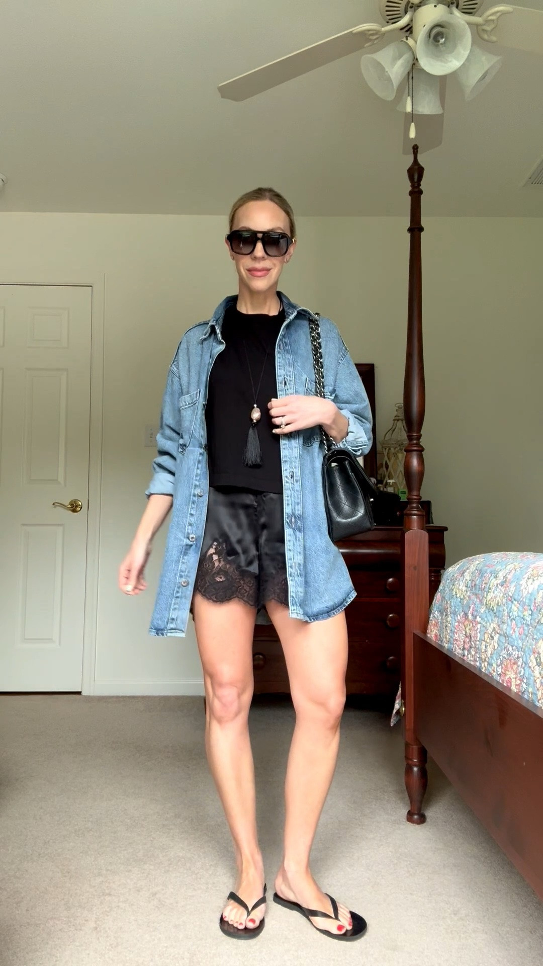 Styling lace shorts with cropped tee, oversized denim shirt and leather thong sandals

#LTKSeasonal #LTKOver40 #LTKSaleAlert
