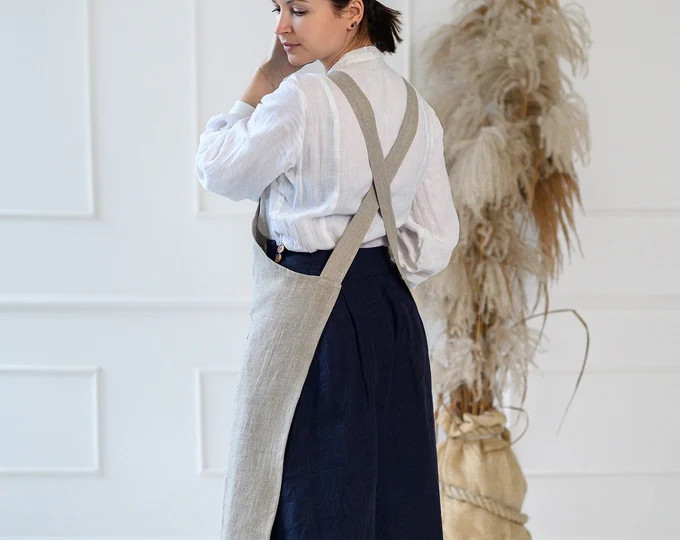 Cross Back Linen Apron, Japanese Style Linen Apron, No Ties Washed Linen Apron, Mustard Cross Ove... | Etsy (US)