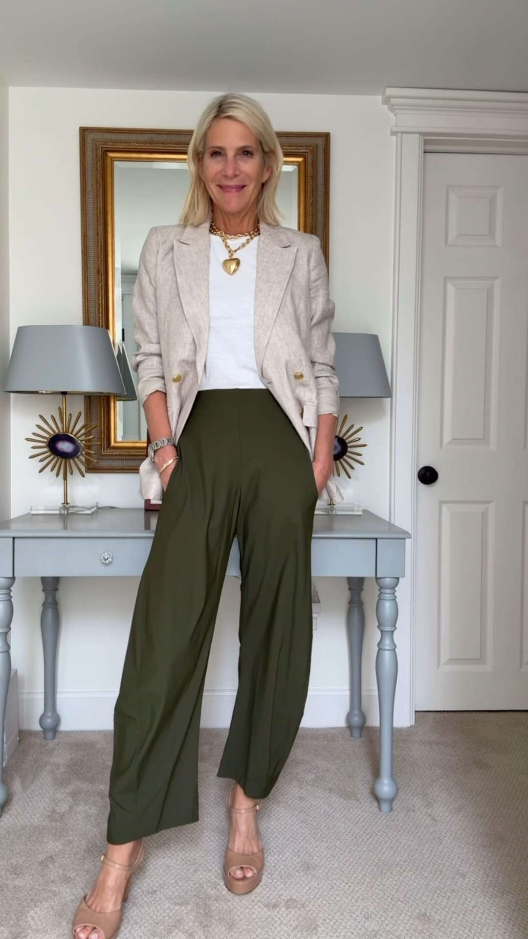 Neutral Blazer and Olive Wide Leg Pants Outfit Idea. 

 