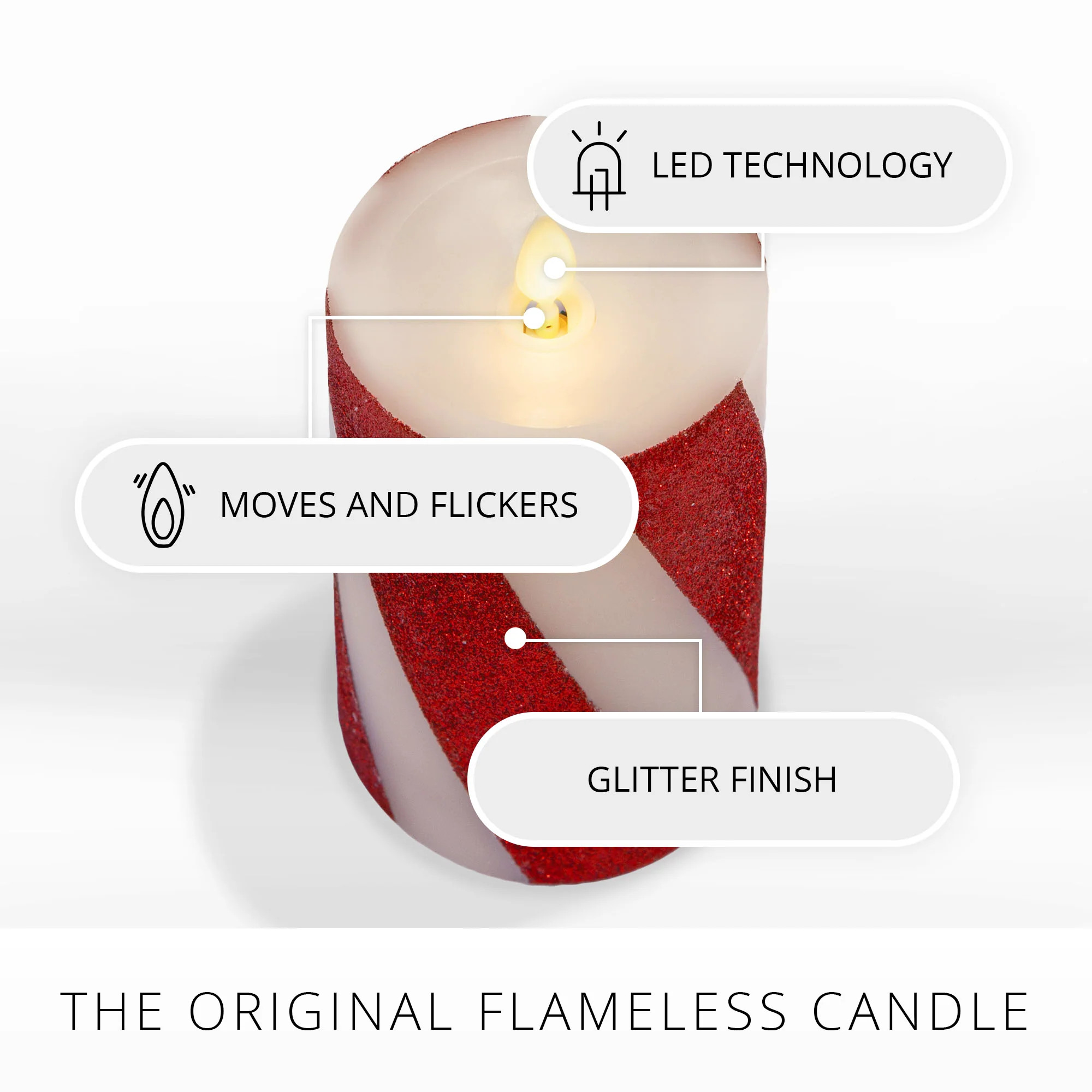 Red Candy Cane Wide Glitter Stripe White Flameless Candle Pillar | Luminara