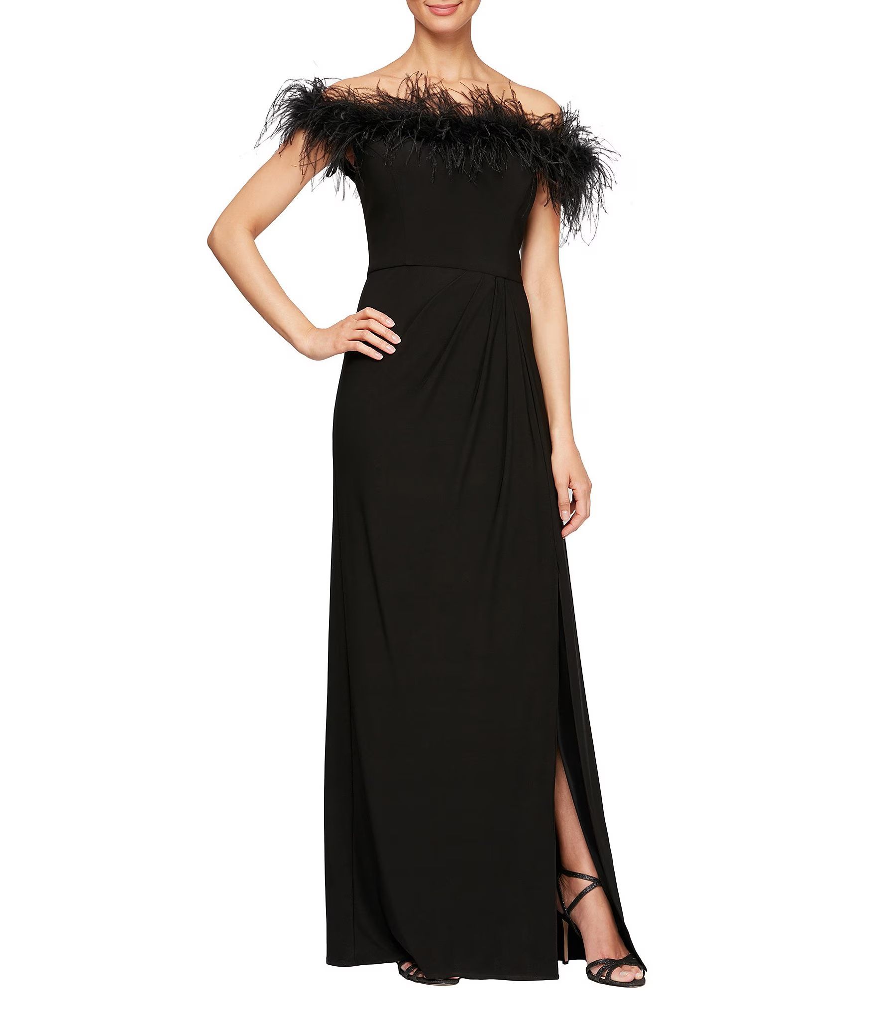 Stretch Matte Jersey Feather Off-the-Shoulder Cap Sleeve Ruched Front Slit Gown | Dillard's