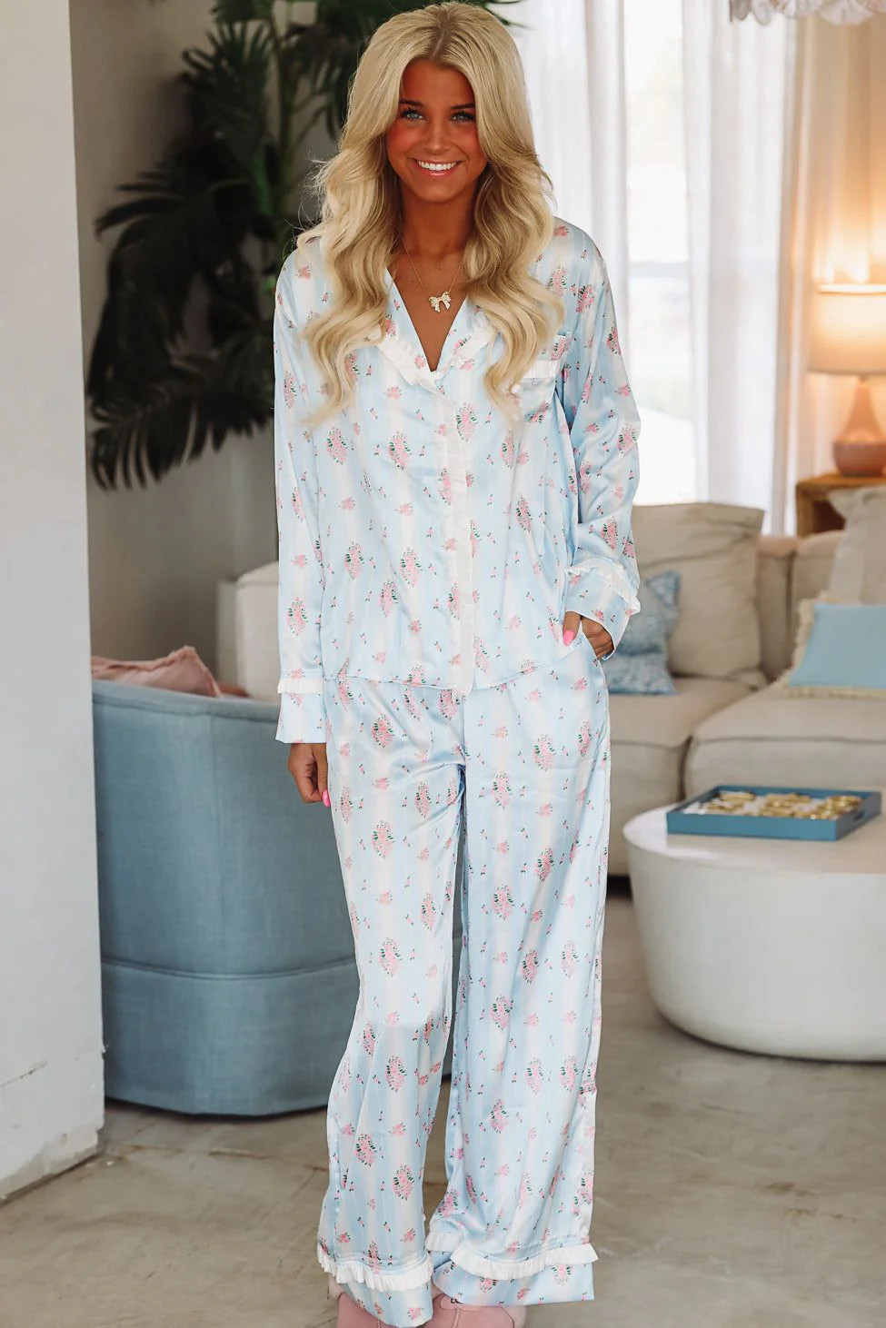 Dreaming of Bouquets Pajama Pant and Top Set - Blue | Hazel and Olive