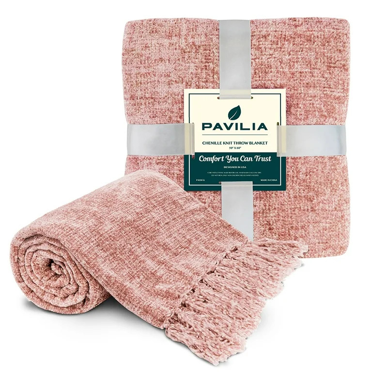 PAVILIA Blush Pink Chenille Throw Blanket for Couch, Soft Light Pink Knit Blanket with Tassel Fri... | Walmart (US)