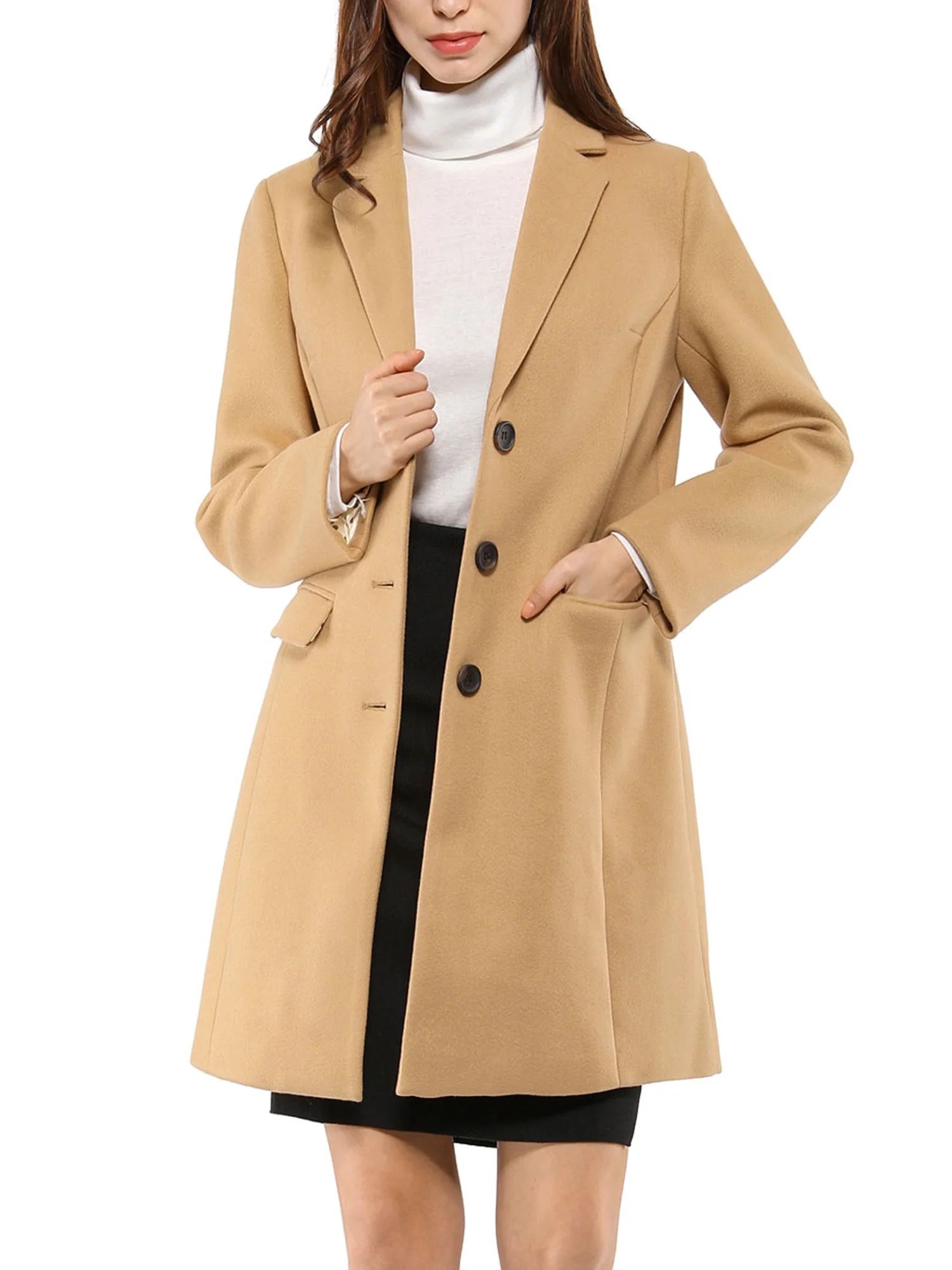 Allegra K Women's Notched Lapel Single Breasted Long Sleeves Winter Overcoat | Walmart (US)