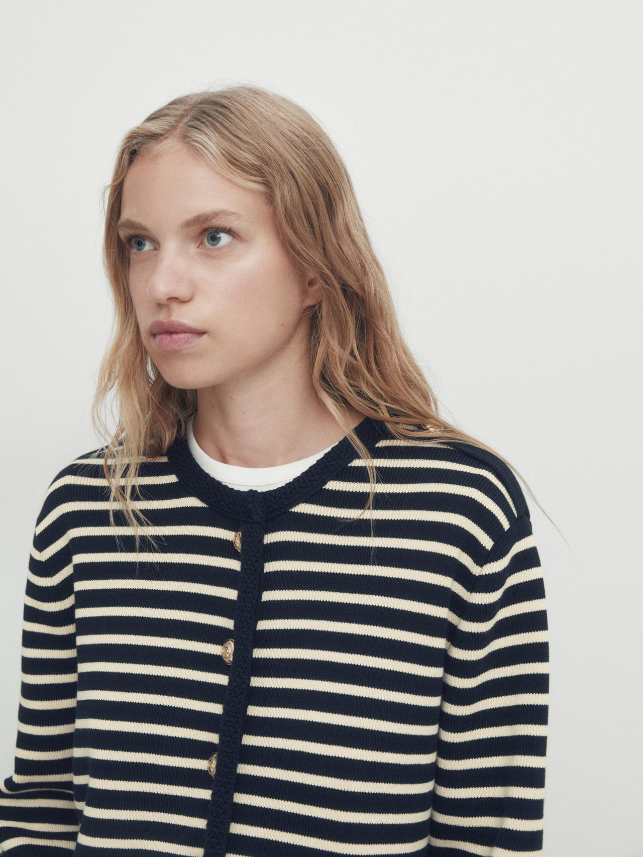 Striped knit cardigan with button detail on shoulder | Massimo Dutti UK