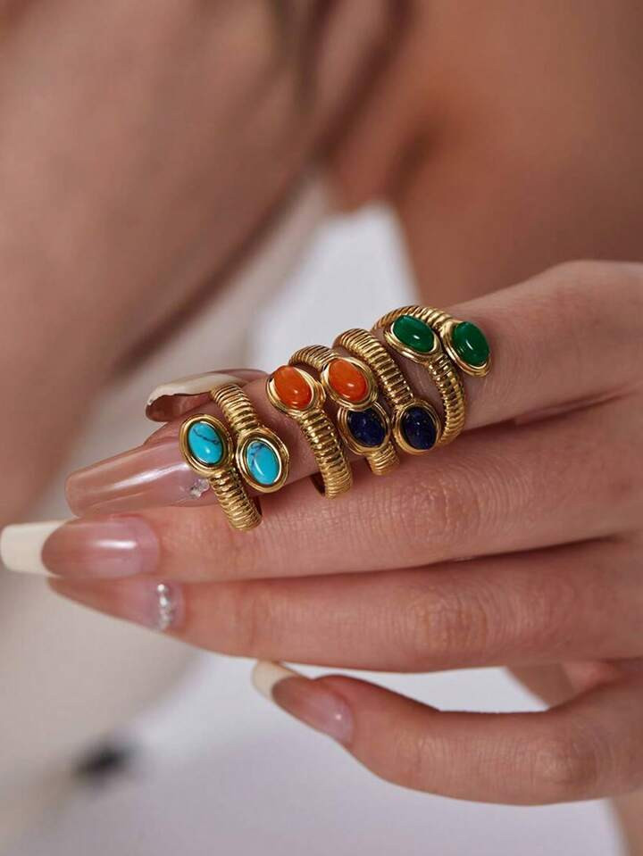 1pc French Ins Style Vintage Ring With Blue Gold Stone & Turquoise Decor For Women's Daily Wear, ... | SHEIN