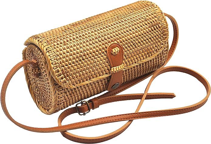 HAAN Women Handwoven Wicker Rattan Oval Crossbody Bag Purse Wallet Medium, Brown | Amazon (US)