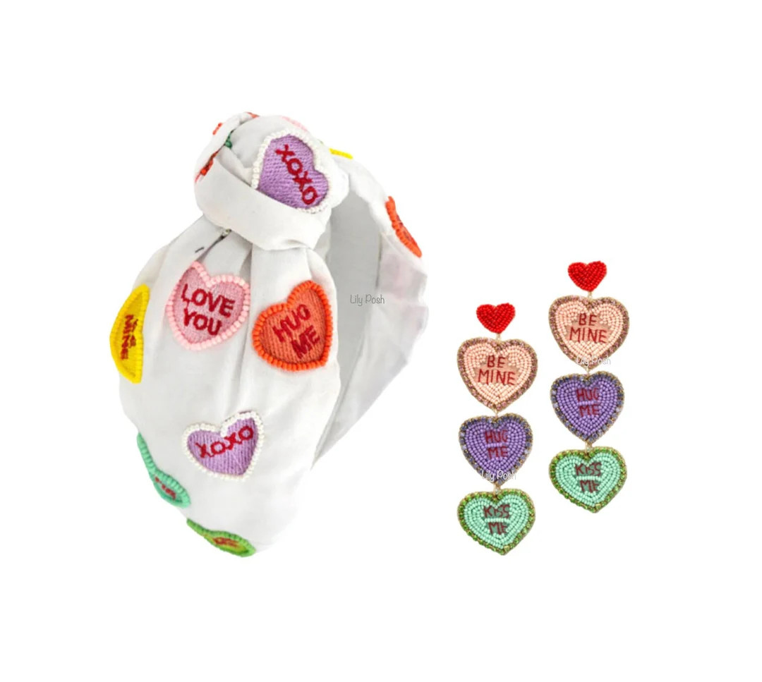 NEW Wide Knot Headband, Conversation Heart Knot Headband, Beaded Heart Earring, Heart Earring, Gi... | Etsy (US)