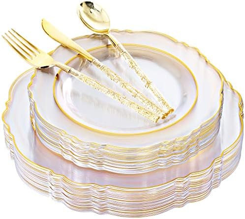 Liacere 150PCS Clear Gold Plastic Plates & Disposable Gold Plastic Silverware with Glitter Bamboo... | Amazon (US)