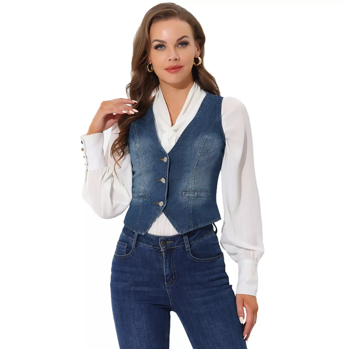 Women's Casual V Neck Sleeveless Button Down Washed Denim Vest Jacket | Kohl's