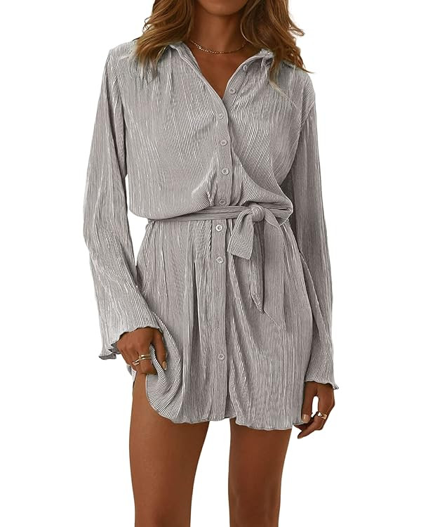 LYANER Women's Collar V Neck Button Down Pleated Long Sleeve Mini Shirt Dress with Belt | Amazon (US)