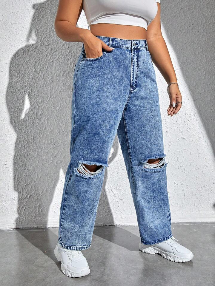 SHEIN EZwear Plus High Waist Ripped Straight Leg Jeans | SHEIN