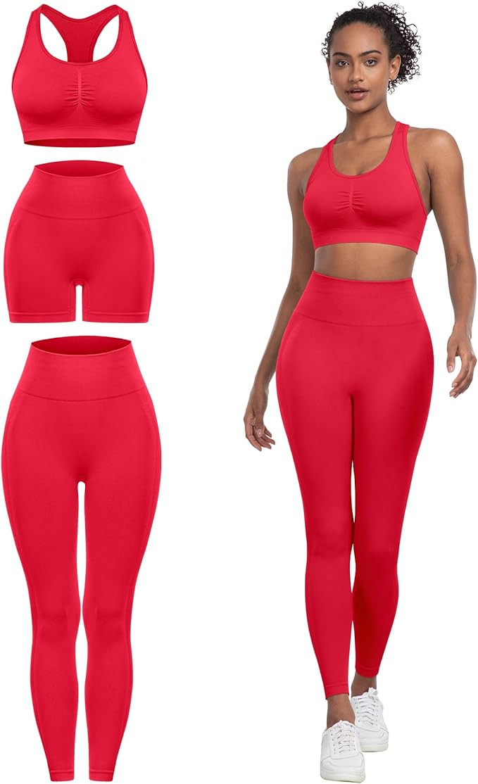 3 Piece Workout Sets for Women Butt Lifting Leggings with High Impact Sports Bra Gym Shorts | Amazon (US)