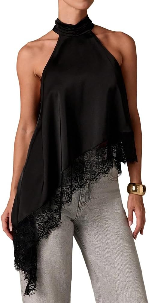 Women Y2k Satin Sleeveless Mock Neck Lace Trim Tank Top Elegant Backless Asymmetric Hem Going Out... | Amazon (US)