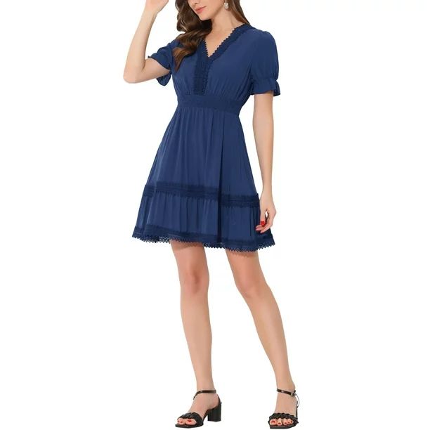 Allegra K Women's Solid V Neck Smocked Elastic Waist Short Sleeve Mini Dress | Walmart (US)