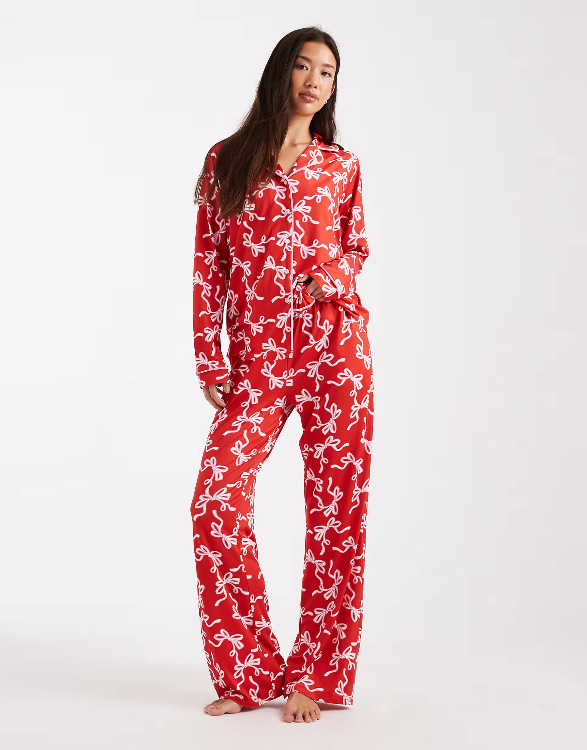 Threadbare long sleeve pyjamas in red with bow print | ASOS | ASOS (Global)
