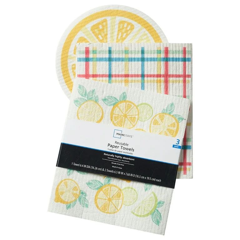 Mainstays Reusable Paper Towels Lemon Print, 3 Pack, Yellow Summer Colors | Walmart (US)