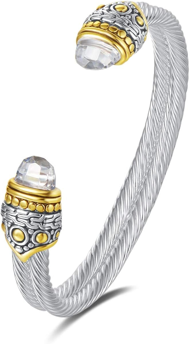 UNY Designer Inspired Jewelry Double Cable Wire Facet CZ Antique Bangle Elegant Beautiful | Amazon (US)