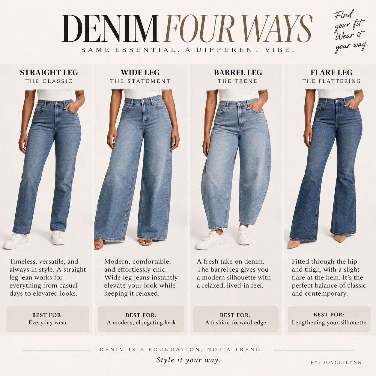 Denim isn’t one-style-fits-all. 👖 Straight-leg jeans give you a timeless everyday look, wide-leg jeans add effortless drama, barrel jeans bring a fashion-forward edge, and flares help lengthen your silhouette.

I linked options for every style so you can find your fit and wear it your way. Which cut are you choosing?

#DenimStyle #JeansGuide #WideLegJeans