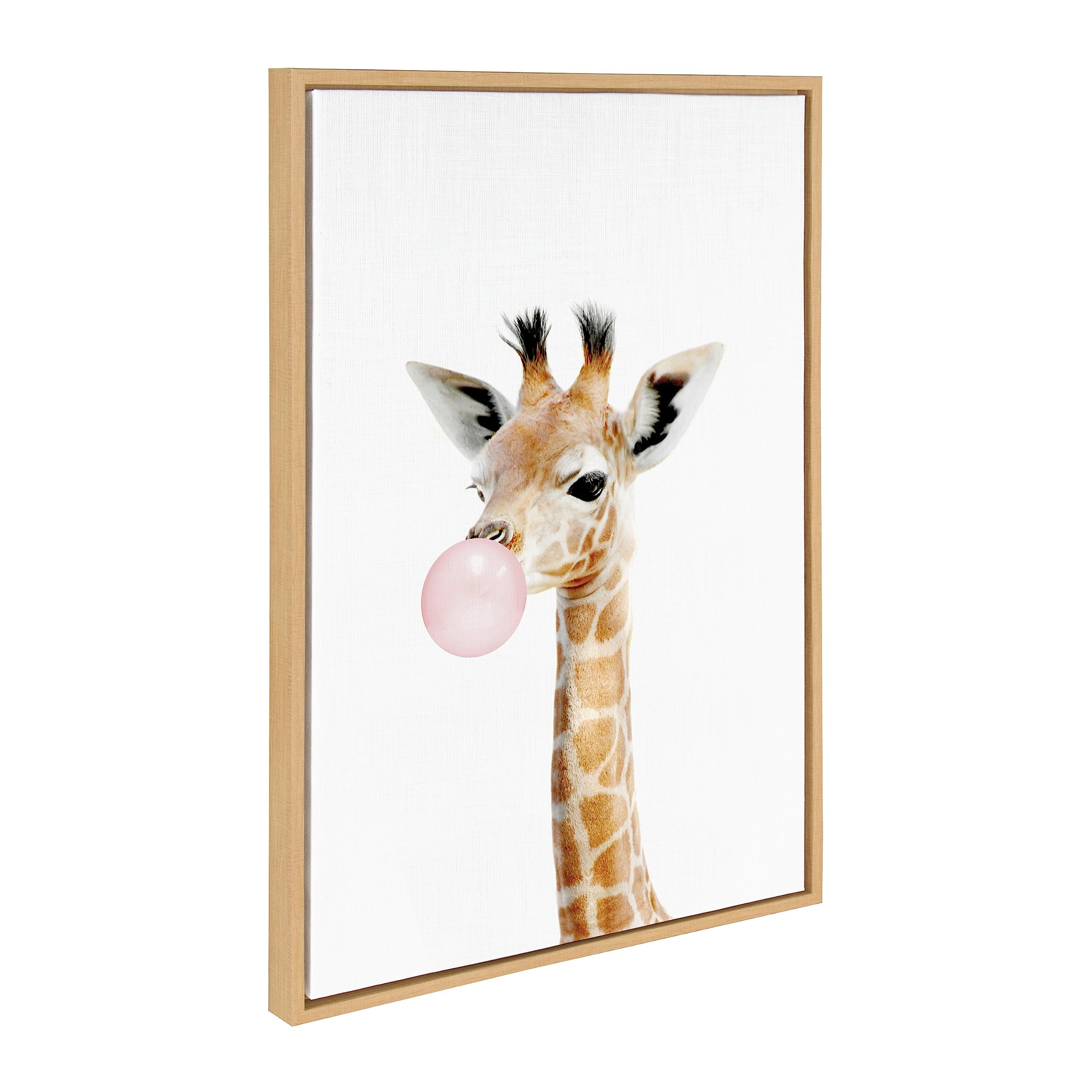 Kate and Laurel Sylvie Bubble Gum Giraffe Framed Canvas Wall Art by Amy Peterson Art Studio, 23x33 Natural, Cute Whimsical Animal Art for Wall | Amazon (US)