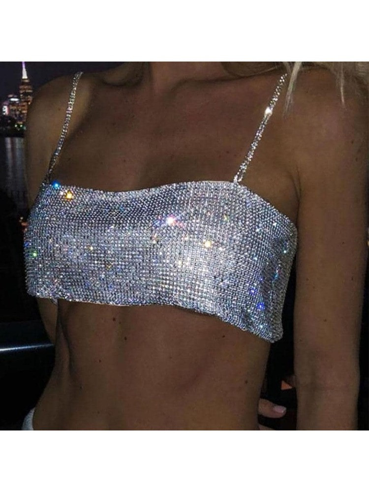 Dresbe Rhinestone Crop Top Silver Sparkly Party Body Chain Glitter Crystal Bra Jewelry Adjustable... | SHEIN