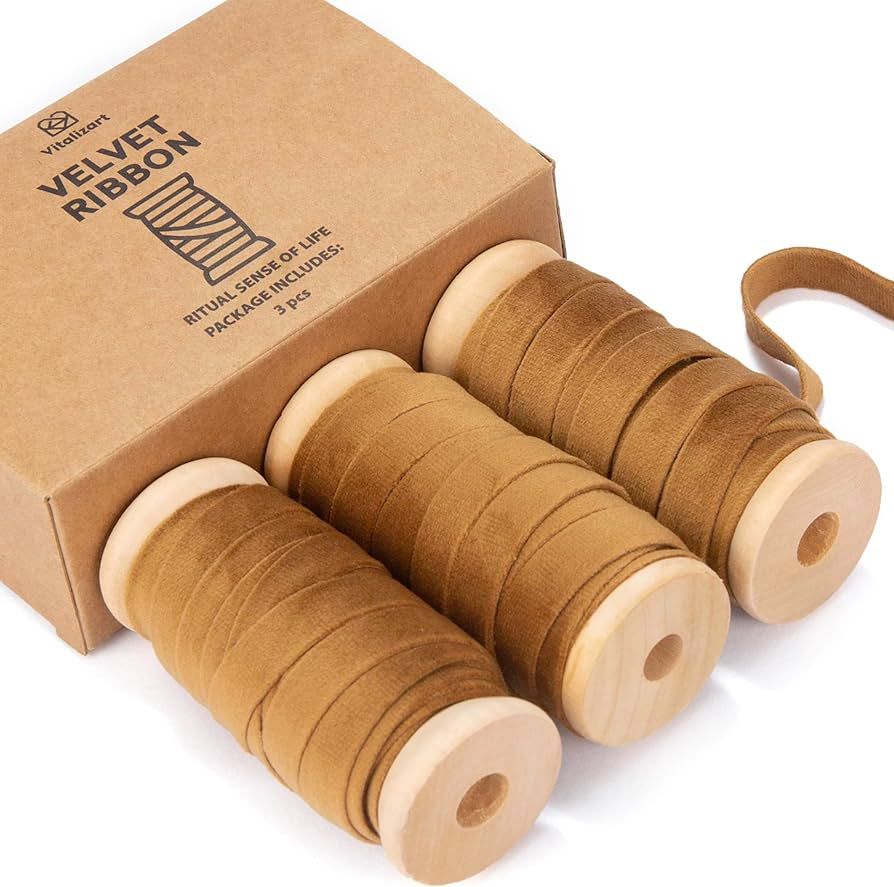 Vitalizart Khaki Velvet Ribbon Set 3/8"" x 15Yd Wooden Spool Fabric Trim Eco-Friendly 3 Rolls * 5... | Amazon (US)