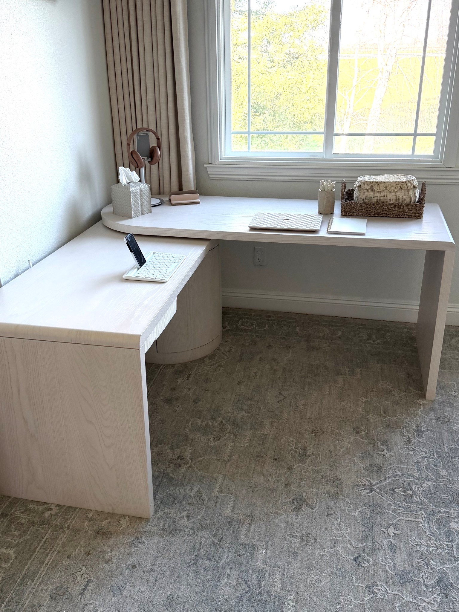 Rotating collapsible corner desk. Short on space? This corner desk folds small to a regular desk. My pinch pleat curtains from Amazon. Aesthetic office decorr

#LTKHome #LTKmorningroutine #LTKSaleAlert