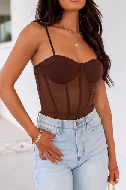 Uma Chocolate Mesh Corset Bodysuit | Shop Priceless