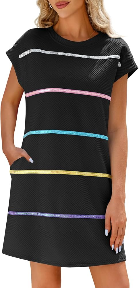 Wenrine Womens Textured T Shirt Dress Short Sleeve Summer Casual Sequin Stripe Mini Dresses | Amazon (US)