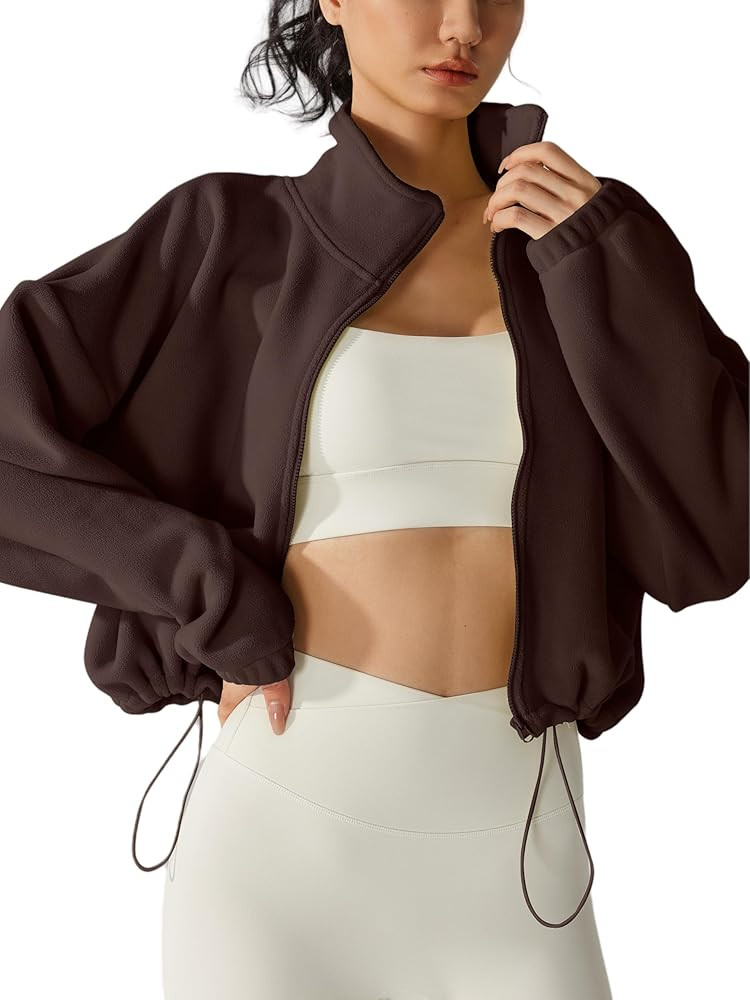 Womens Fleece Short Jacket Long Sleeve Full Zip Stand Collar Sherpa Crop Coat | Amazon (US)