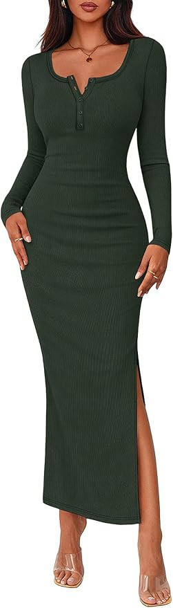 Lazysmile Women's 2026 Fall Long Sleeve Bodycon Maxi Dress | Crew Neck, Button Down, Side Slit, R... | Amazon (US)