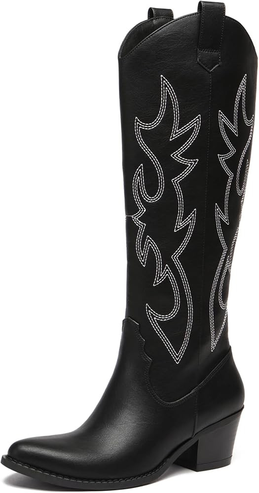 Athlefit Women's Western Embroidered Cowboy Boots Pointed Toe Chunky Heel Pull On Knee High Boots | Amazon (US)