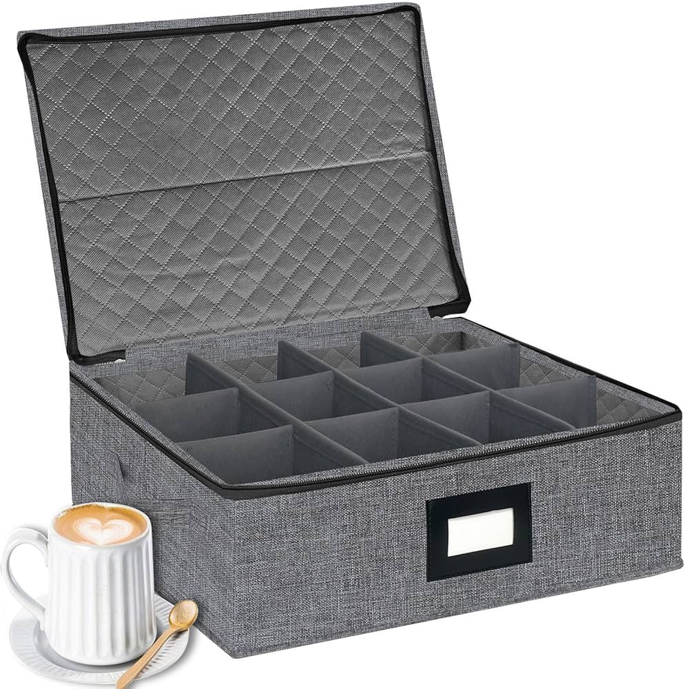 homyfort Mug Coffee Storage Box with Dividers - Stackable Glass China Storage Containers Hard She... | Amazon (US)