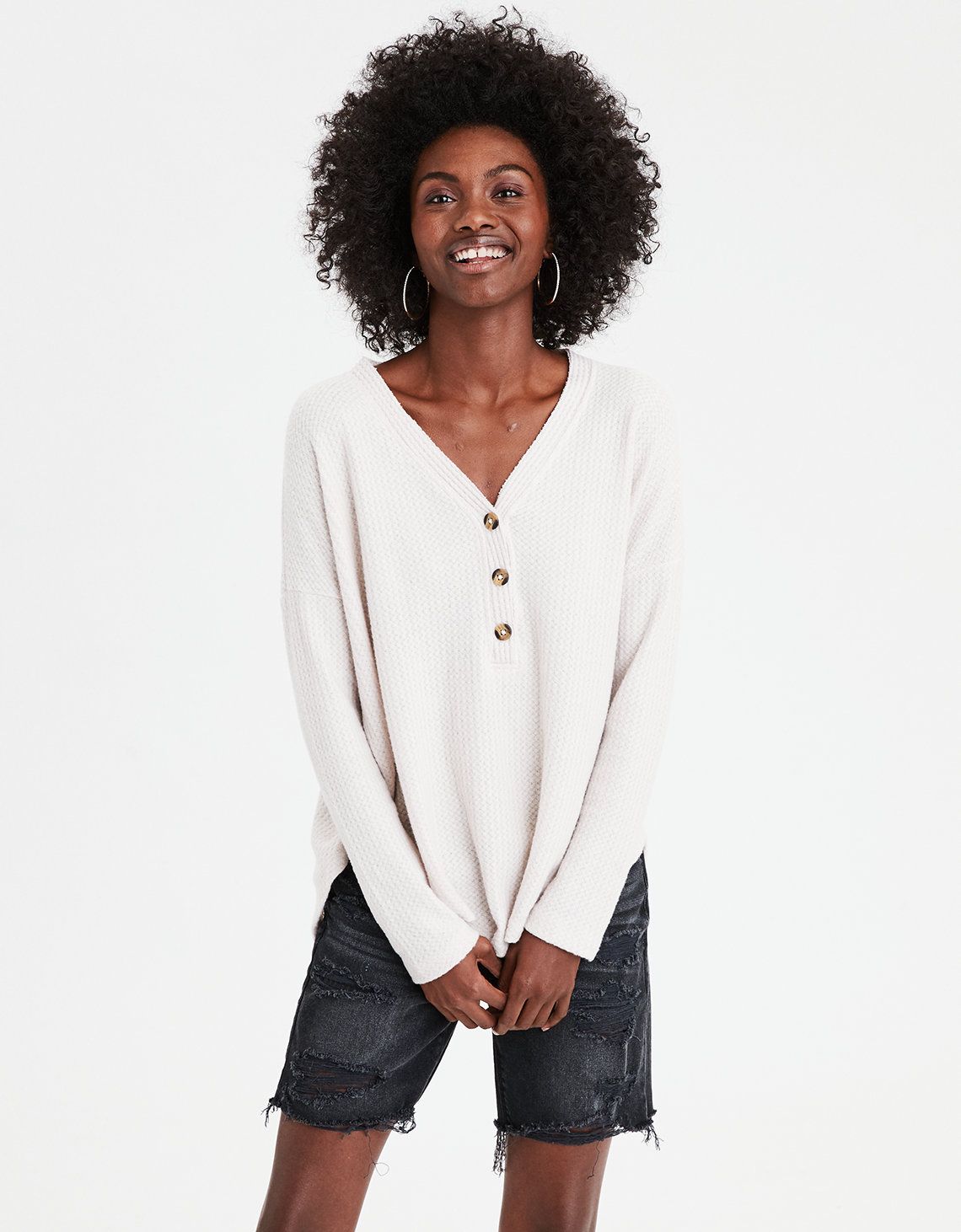 AE Soft & Sexy Plush Waffle Henley, Sand | American Eagle Outfitters (US & CA)